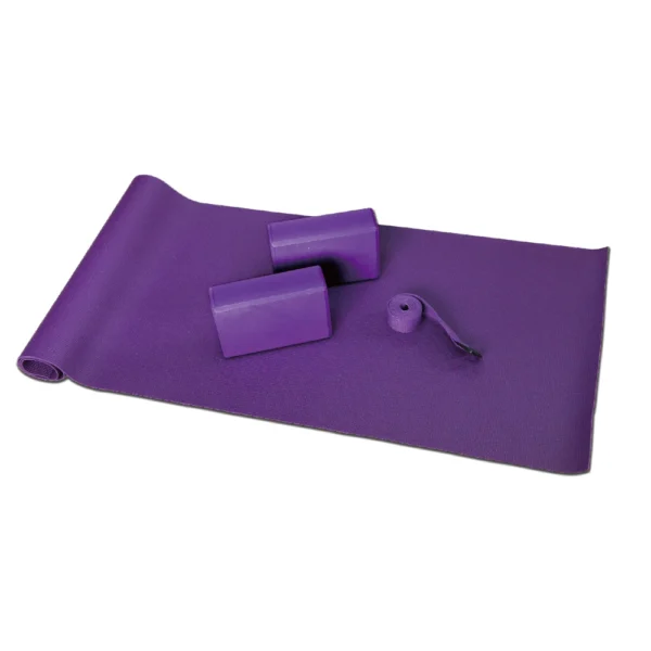 Life control purple yoga set that shows a mat, 2 bricks and a strap